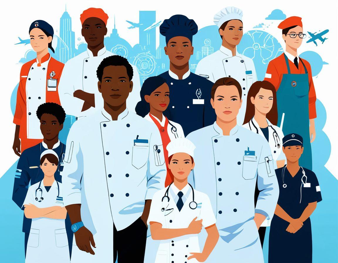 A diverse group of people wearing different uniforms, such as a chef, doctor, pilot, athlete, and a student, standing together in a bright and inviting environment. The backdrop features subtle icons representing various professions and occasions. Each uniform is detailed and distinct, highlighting its unique elements. vector art. vibrant colors. white background.