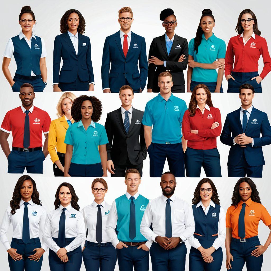 A diverse group of professionals confidently wearing custom and branded uniforms that perfectly match their roles, with logos and personalized designs clearly visible. Background shows a modern workplace with vibrant colors, emphasizing teamwork and professionalism. vector art. vibrant colors. modern workplace.